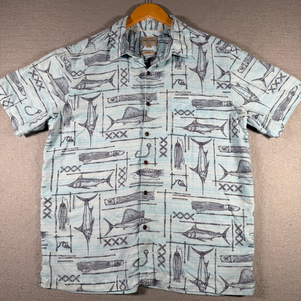 Quiksilver Waterman Mens Blue Fishing Marlin Print Button Up Shirt AQMWT03370‎ L